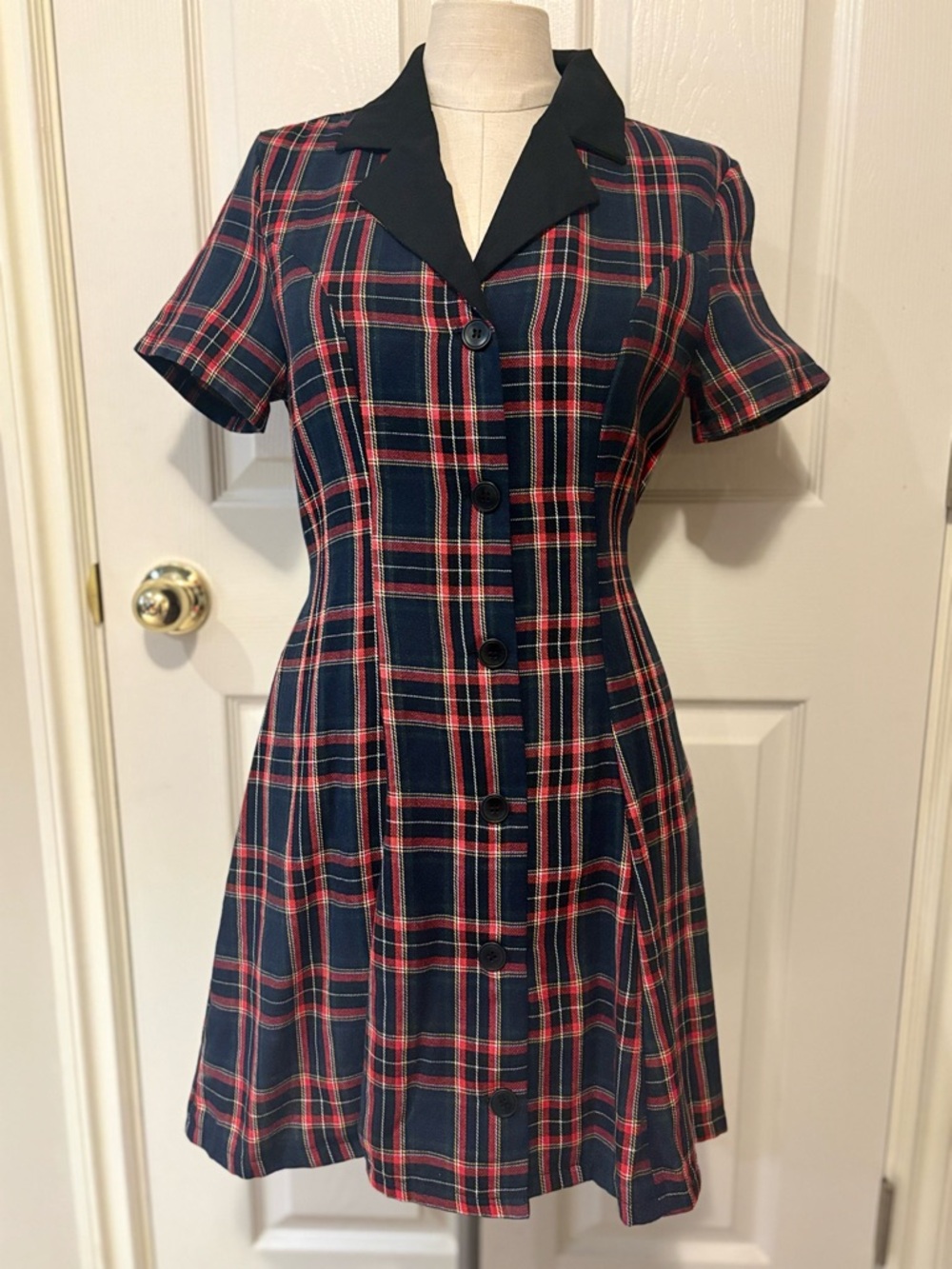 ROMWE Navy and Red Plaid Button-Front Mini Dress
